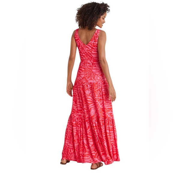 Lascana x VENUS Tiered Maxi Dress Pink and Red Abstract Stretch V Neck Size Med - Picture 1 of 12